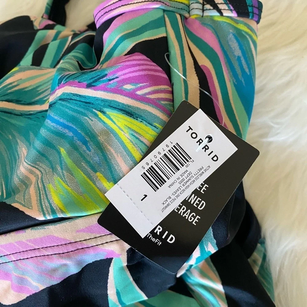 torrid Wireless Mesh High Neck One Piece Swimsuit - Pretty Summer Leaves, Sz. 14